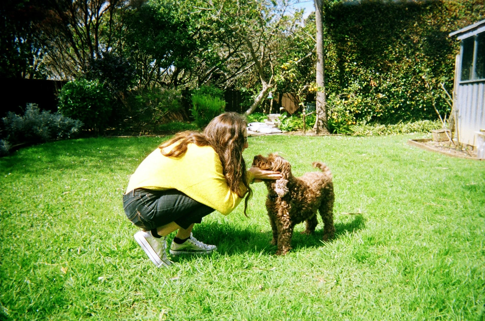 a woman kneeling down to pet a small dog